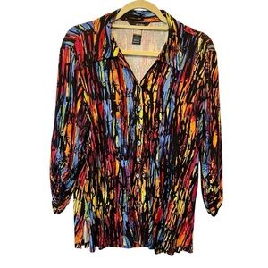 Ali Miles button up blouse Large Colorful Long ruched sleeve Collared V-neck top